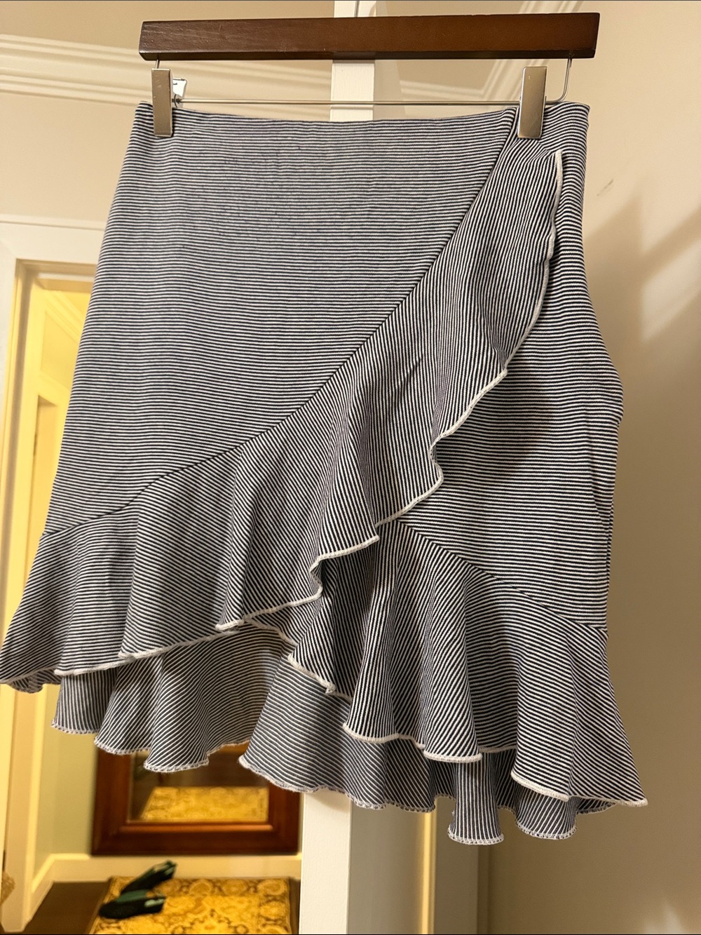 Club Monaco black and White Striped Asymmetrical Ruffle Skirt size M